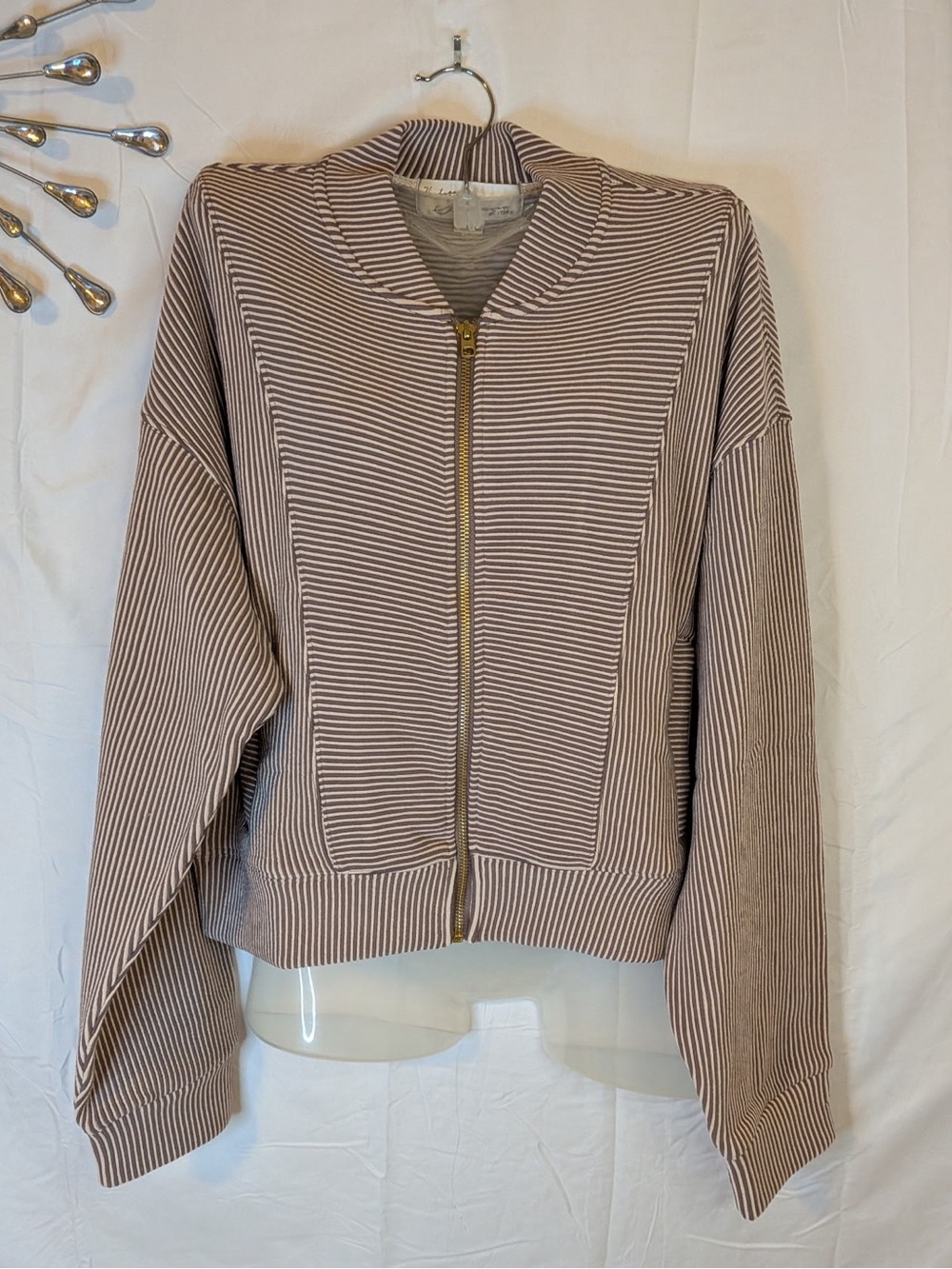 Vintage Havana Classic Lightweight Taupe & White Striped Bomber Jacket NWT
